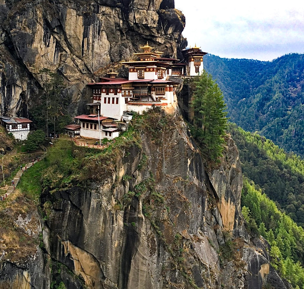 View of mountainous region with temple building